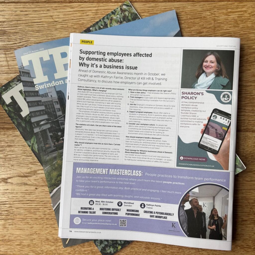 KR HR & Training Consultancy Ltd News. Read our interview in The Business Exchange magazine and take action to support individuals subjected to abuse.